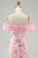 Load image into Gallery viewer, Sparkly Floral Mermaid Off the Shoulder Pink Long Beaded Formal Dress