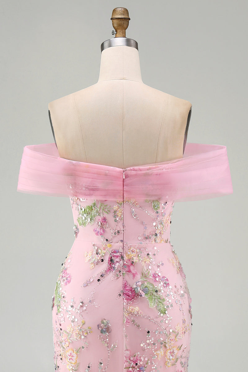 Load image into Gallery viewer, Sparkly Floral Mermaid Off the Shoulder Pink Long Beaded Formal Dress