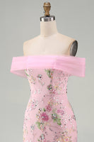 Load image into Gallery viewer, Sparkly Floral Mermaid Off the Shoulder Pink Long Beaded Formal Dress