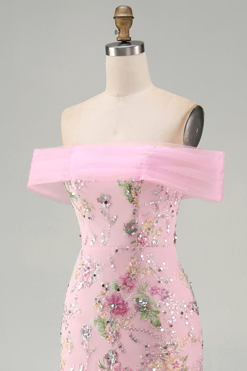 Load image into Gallery viewer, Sparkly Floral Mermaid Off the Shoulder Pink Long Beaded Formal Dress