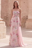 Load image into Gallery viewer, Sparkly Beaded Floral Mermaid Pink Long Formal Dress with Side Cape