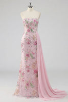 Load image into Gallery viewer, Sparkly Beaded Floral Mermaid Pink Long Formal Dress with Side Cape