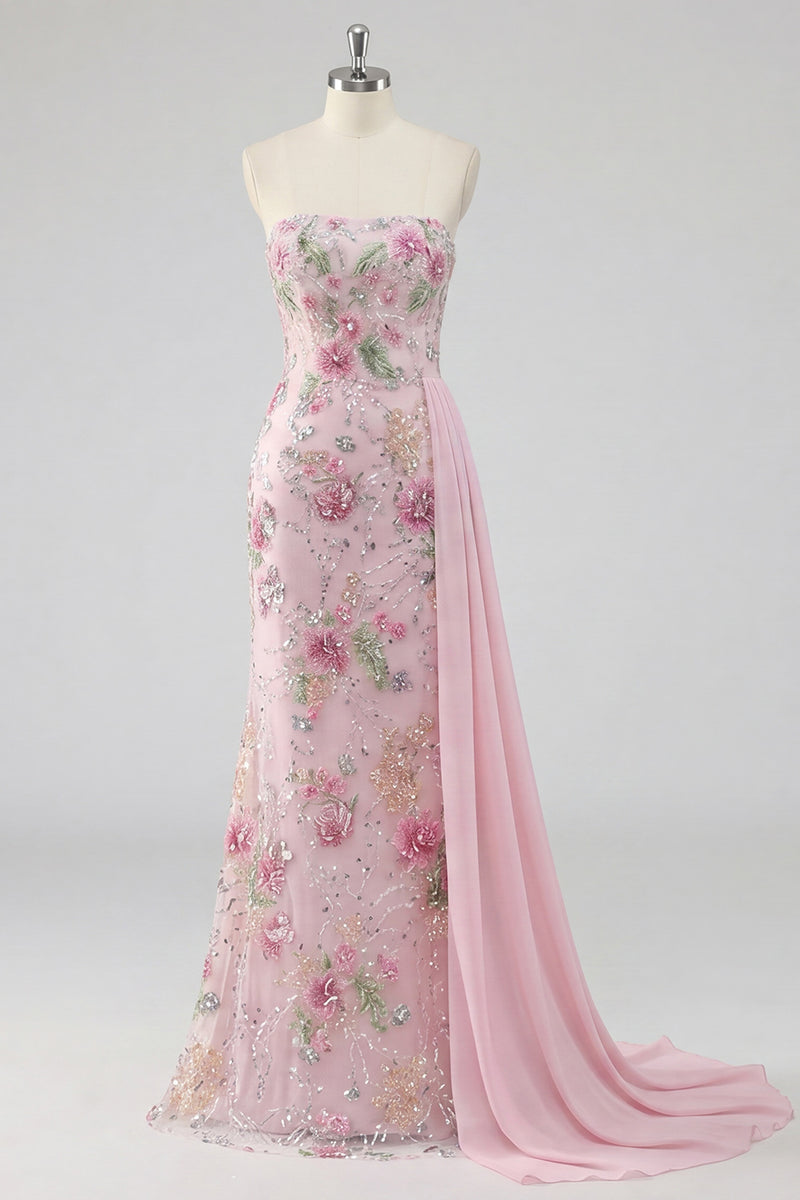 Load image into Gallery viewer, Sparkly Beaded Floral Mermaid Pink Long Formal Dress with Side Cape