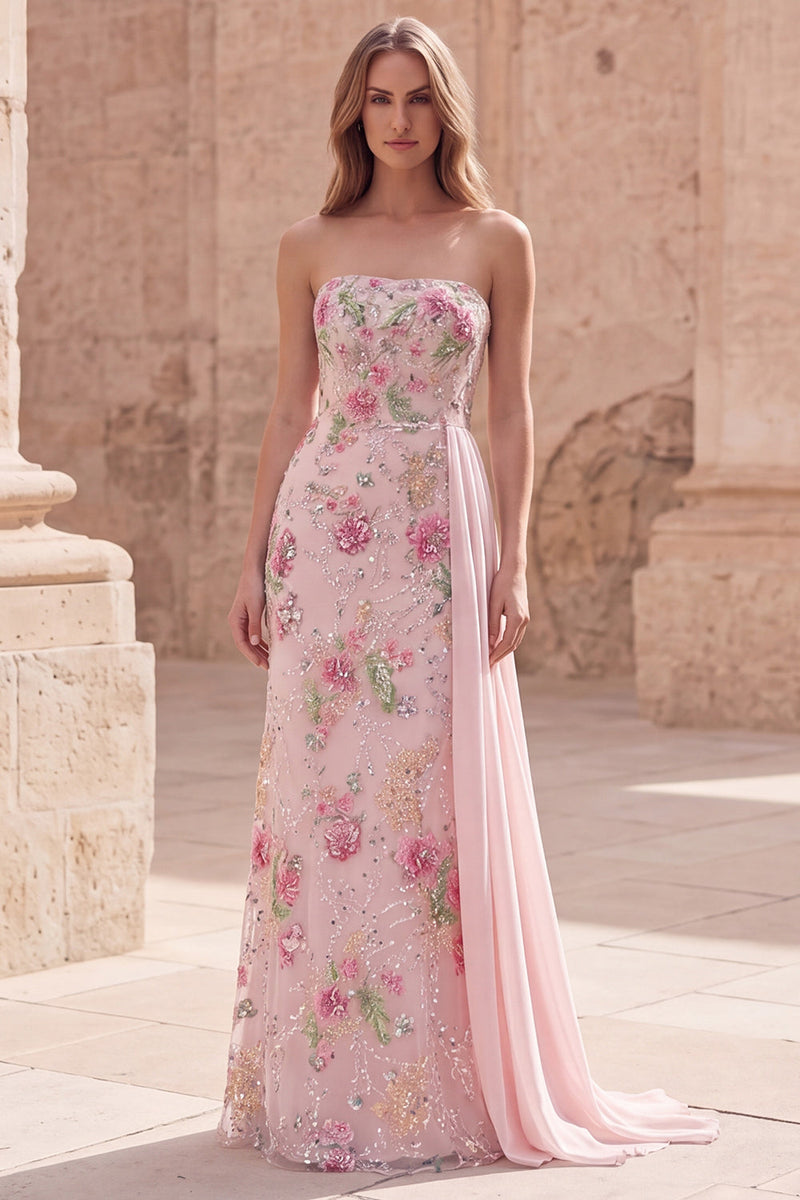 Load image into Gallery viewer, Sparkly Beaded Floral Mermaid Pink Long Formal Dress with Side Cape