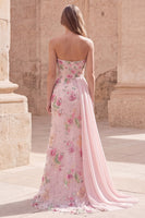 Load image into Gallery viewer, Sparkly Beaded Floral Mermaid Pink Long Formal Dress with Side Cape