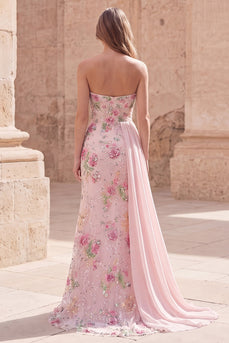 Sparkly Beaded Floral Mermaid Pink Long Formal Dress with Side Cape