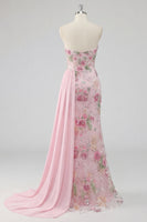 Load image into Gallery viewer, Sparkly Beaded Floral Mermaid Pink Long Formal Dress with Side Cape