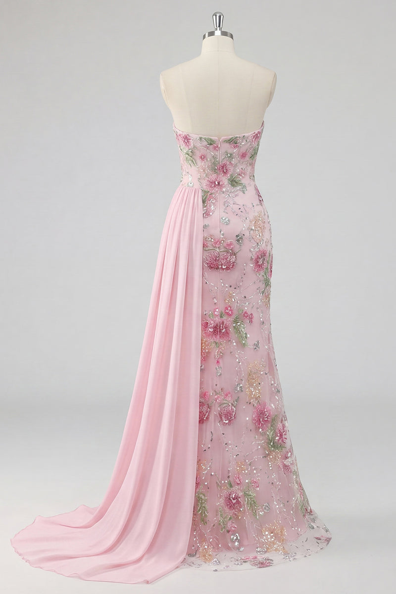 Load image into Gallery viewer, Sparkly Beaded Floral Mermaid Pink Long Formal Dress with Side Cape