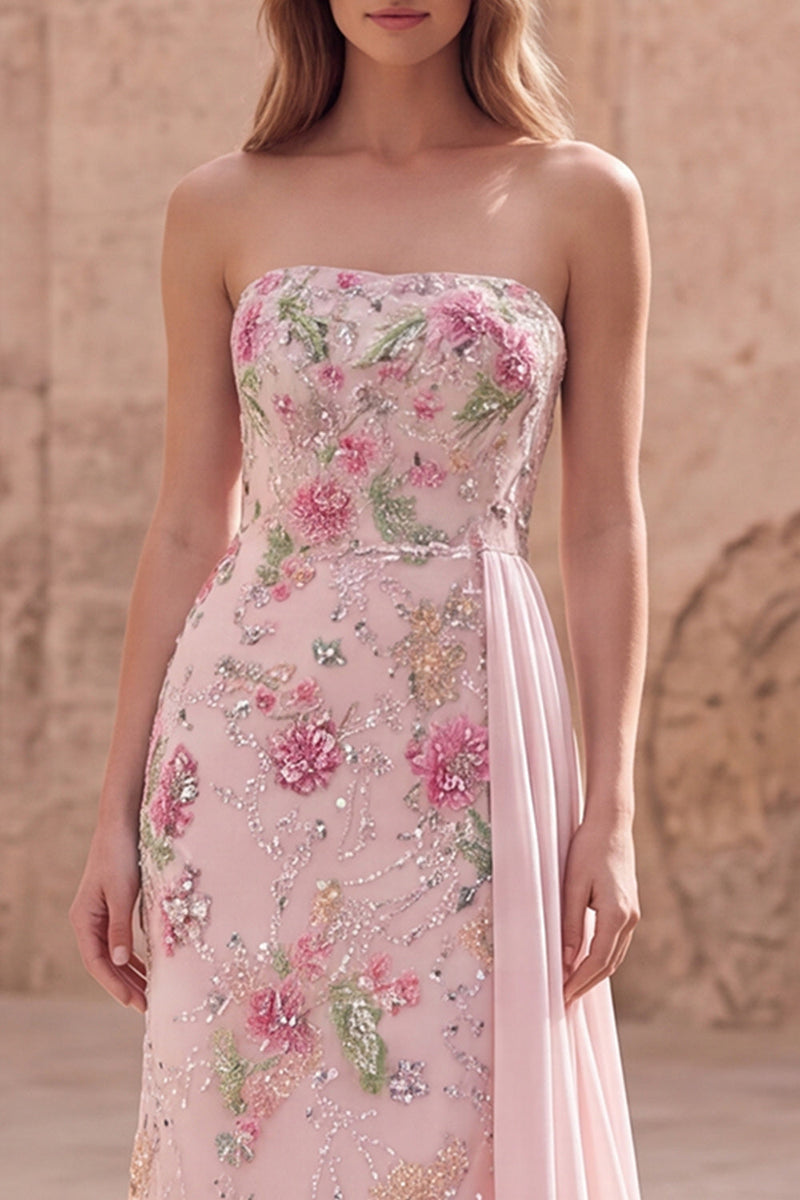 Load image into Gallery viewer, Sparkly Beaded Floral Mermaid Pink Long Formal Dress with Side Cape
