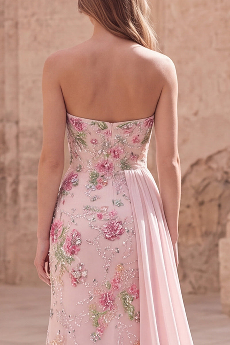 Load image into Gallery viewer, Sparkly Beaded Floral Mermaid Pink Long Formal Dress with Side Cape