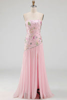 Load image into Gallery viewer, Strapless Sparkly Pink Long Floral Beaded A Line Formal Dress with Slit