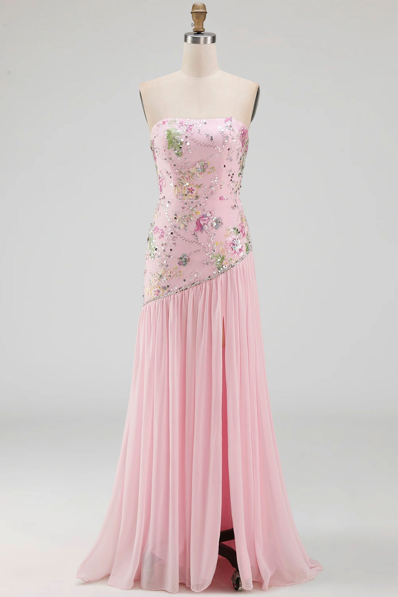 Load image into Gallery viewer, Strapless Sparkly Pink Long Floral Beaded A Line Formal Dress with Slit