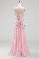 Load image into Gallery viewer, Strapless Sparkly Pink Long Floral Beaded A Line Formal Dress with Slit