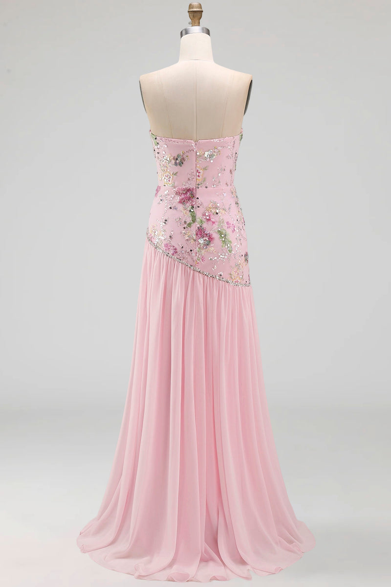 Load image into Gallery viewer, Strapless Sparkly Pink Long Floral Beaded A Line Formal Dress with Slit