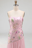 Load image into Gallery viewer, Strapless Sparkly Pink Long Floral Beaded A Line Formal Dress with Slit