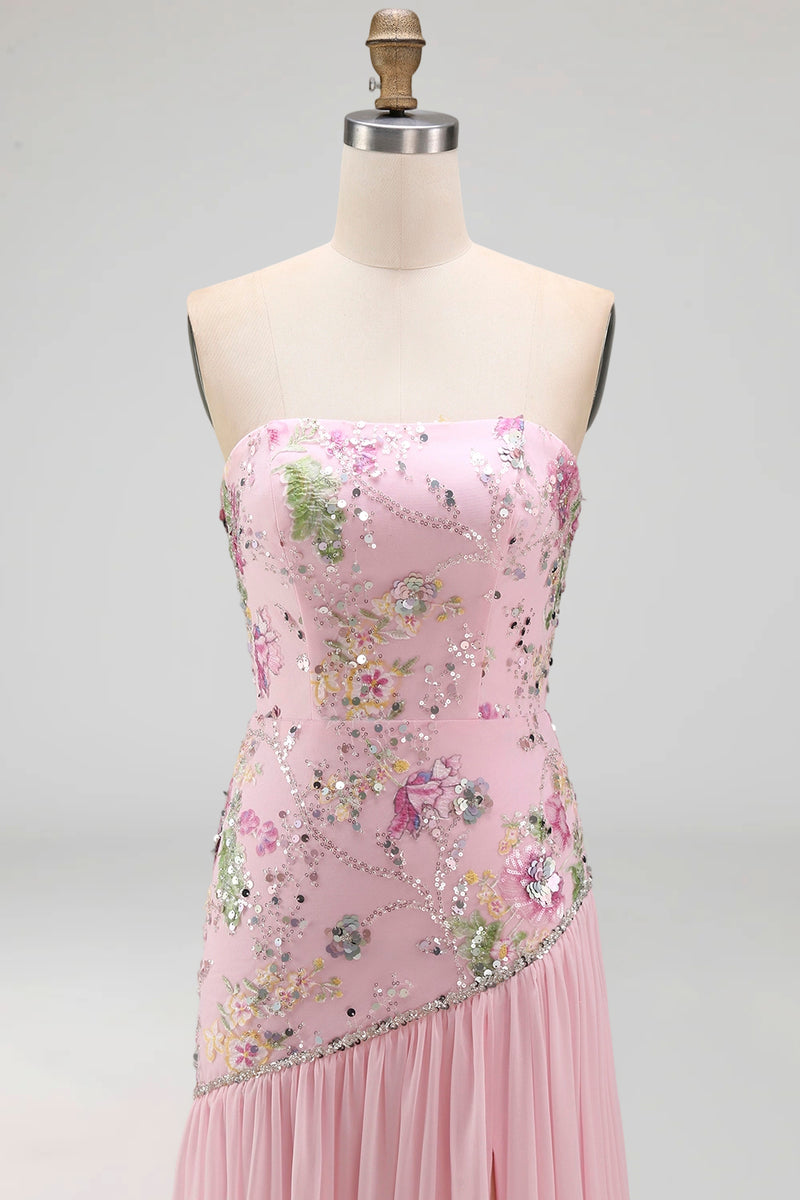 Load image into Gallery viewer, Strapless Sparkly Pink Long Floral Beaded A Line Formal Dress with Slit