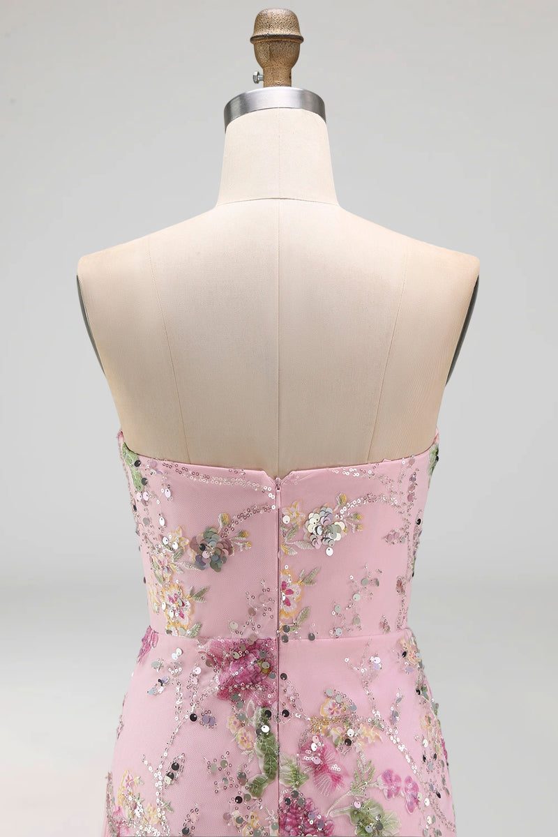 Load image into Gallery viewer, Strapless Sparkly Pink Long Floral Beaded A Line Formal Dress with Slit