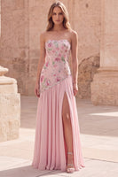 Load image into Gallery viewer, Strapless Sparkly Pink Long Floral Beaded A Line Formal Dress with Slit