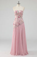 Load image into Gallery viewer, Strapless Sparkly Pink Long Floral Beaded A Line Formal Dress with Slit