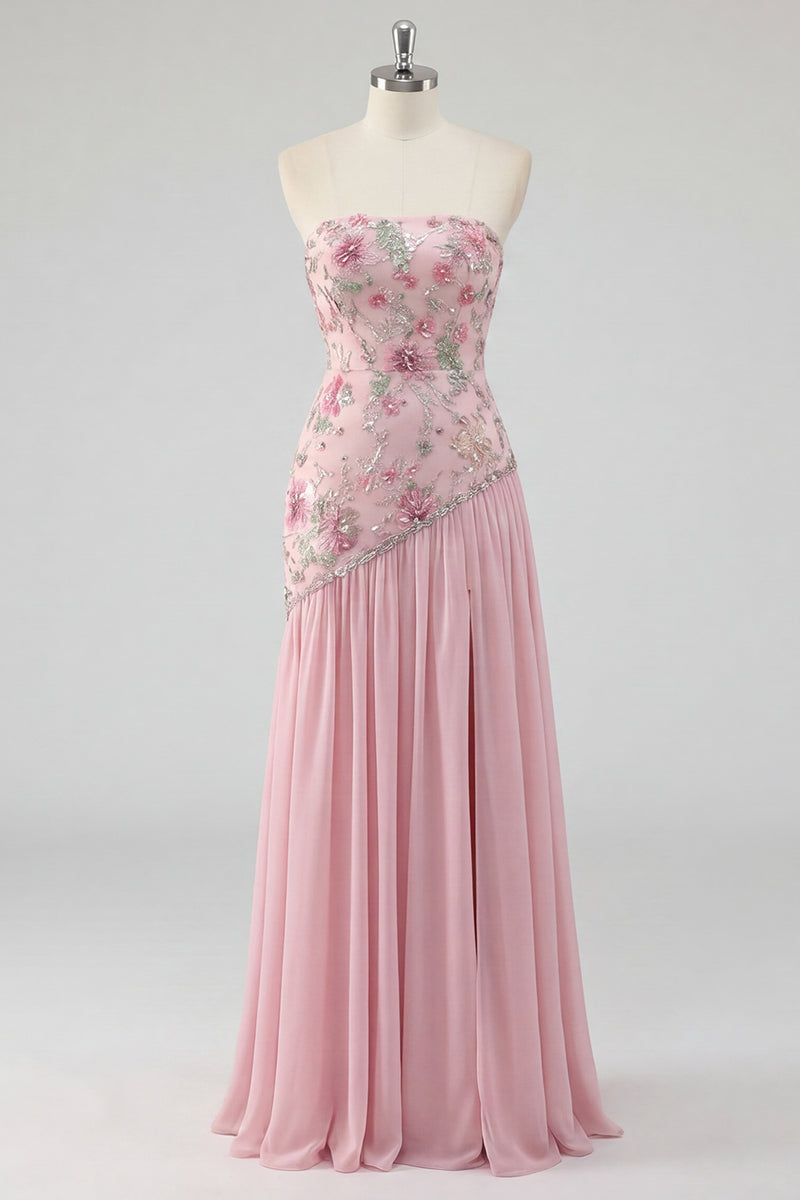 Load image into Gallery viewer, Strapless Sparkly Pink Long Floral Beaded A Line Formal Dress with Slit