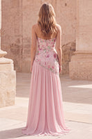 Load image into Gallery viewer, Strapless Sparkly Pink Long Floral Beaded A Line Formal Dress with Slit