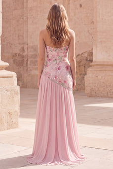 Strapless Sparkly Pink Long Floral Beaded A Line Formal Dress with Slit