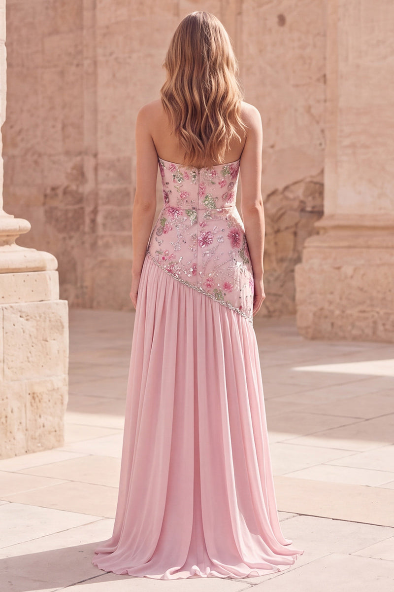 Load image into Gallery viewer, Strapless Sparkly Pink Long Floral Beaded A Line Formal Dress with Slit