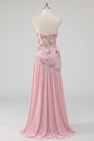 Load image into Gallery viewer, Strapless Sparkly Pink Long Floral Beaded A Line Formal Dress with Slit