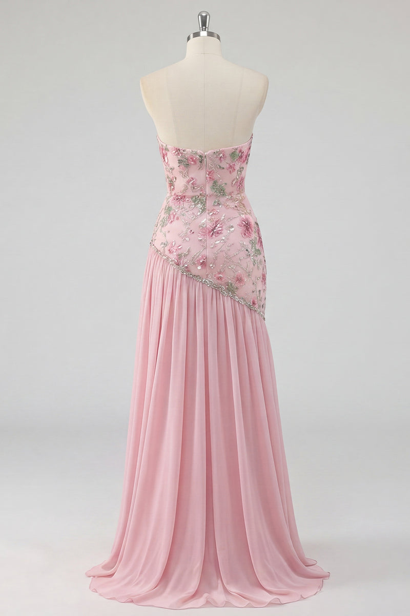Load image into Gallery viewer, Strapless Sparkly Pink Long Floral Beaded A Line Formal Dress with Slit