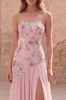 Load image into Gallery viewer, Strapless Sparkly Pink Long Floral Beaded A Line Formal Dress with Slit