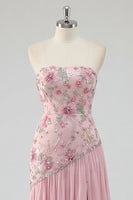 Load image into Gallery viewer, Strapless Sparkly Pink Long Floral Beaded A Line Formal Dress with Slit