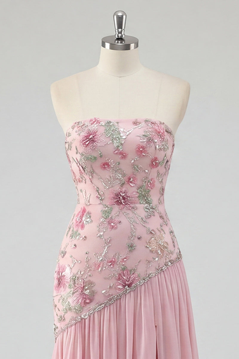 Load image into Gallery viewer, Strapless Sparkly Pink Long Floral Beaded A Line Formal Dress with Slit