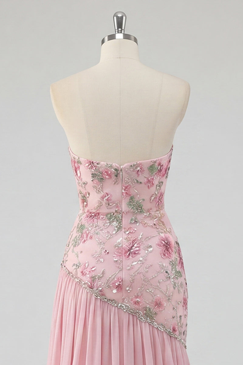 Load image into Gallery viewer, Strapless Sparkly Pink Long Floral Beaded A Line Formal Dress with Slit