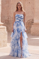 Load image into Gallery viewer, Strapless White Blue Flower Ruffled Long A Line Formal Dress with Slit
