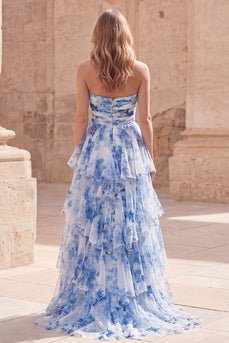 Strapless White Blue Flower Ruffled Long A Line Formal Dress with Slit