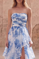 Load image into Gallery viewer, Strapless White Blue Flower Ruffled Long A Line Formal Dress with Slit