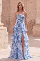 Load image into Gallery viewer, A Line White Blue Flower Long Strapless Formal Dress with Ruffles