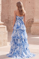 Load image into Gallery viewer, A Line White Blue Flower Long Strapless Formal Dress with Ruffles
