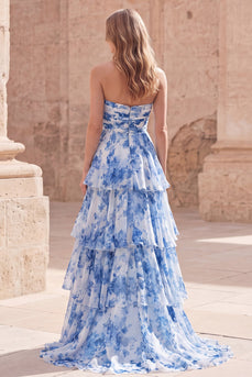A Line White Blue Flower Long Strapless Formal Dress with Ruffles