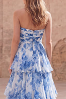 Load image into Gallery viewer, A Line White Blue Flower Long Strapless Formal Dress with Ruffles