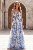 Load image into Gallery viewer, A Line Spaghetti Straps White Blue Flower Long Formal Dress