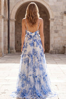 Load image into Gallery viewer, A Line Spaghetti Straps White Blue Flower Long Formal Dress