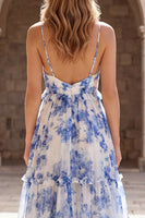 Load image into Gallery viewer, A Line Spaghetti Straps White Blue Flower Long Formal Dress