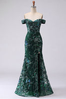 Load image into Gallery viewer, Sparkly Off the Shoulder Dark Green Long Floral Mermaid Beaded Prom Dress with Slit