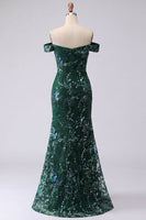 Load image into Gallery viewer, Sparkly Off the Shoulder Dark Green Long Floral Mermaid Beaded Prom Dress with Slit