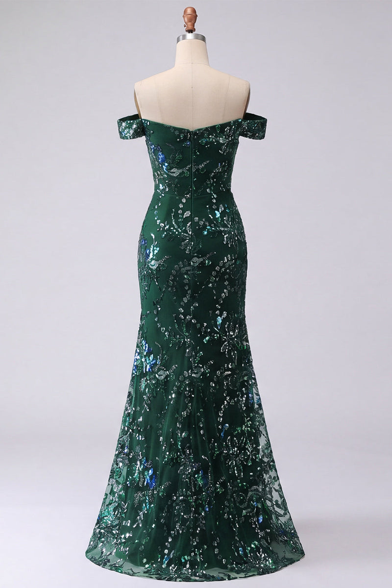 Load image into Gallery viewer, Sparkly Off the Shoulder Dark Green Long Floral Mermaid Beaded Prom Dress with Slit