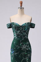 Load image into Gallery viewer, Sparkly Off the Shoulder Dark Green Long Floral Mermaid Beaded Prom Dress with Slit