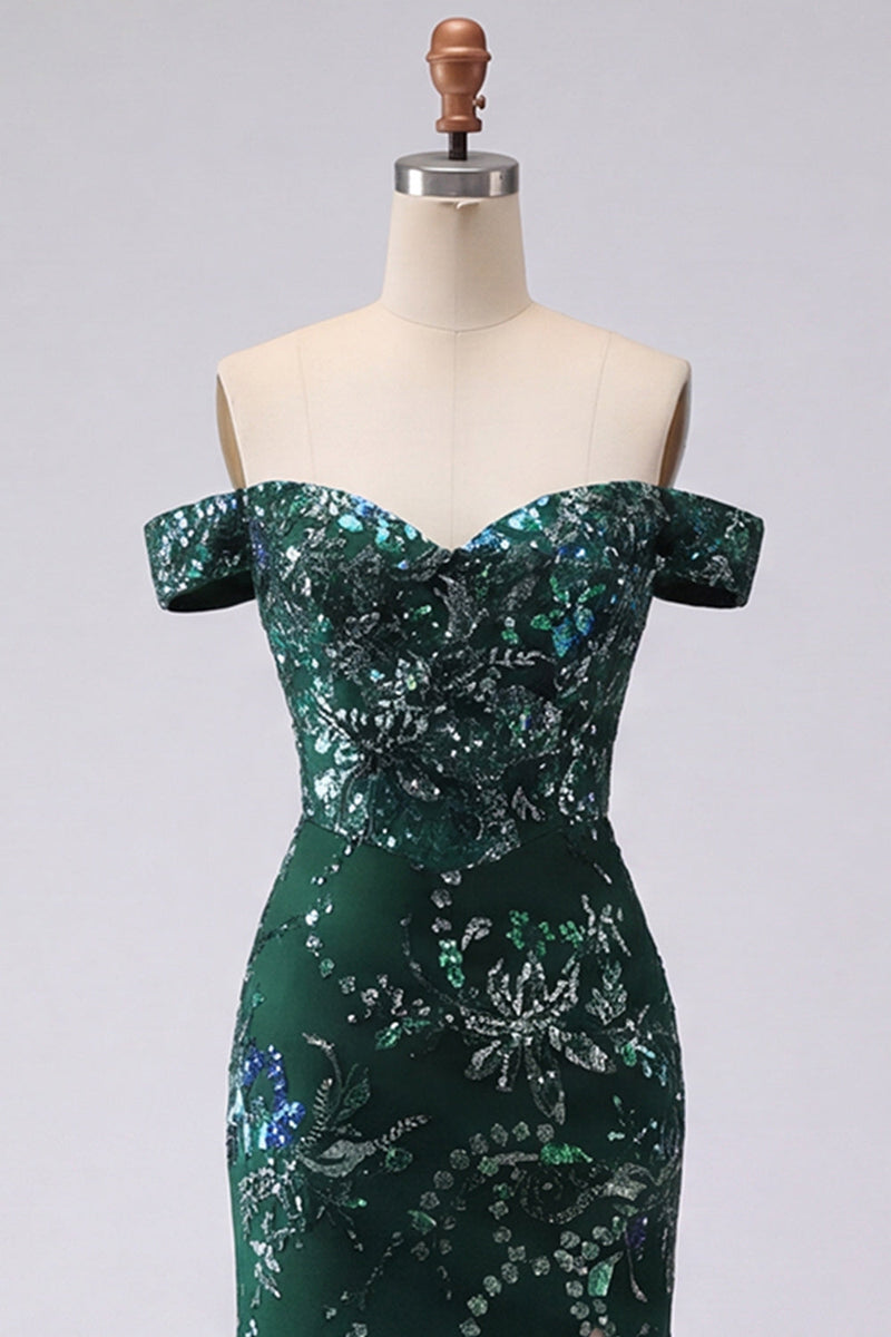 Load image into Gallery viewer, Sparkly Off the Shoulder Dark Green Long Floral Mermaid Beaded Prom Dress with Slit