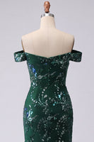 Load image into Gallery viewer, Sparkly Off the Shoulder Dark Green Long Floral Mermaid Beaded Prom Dress with Slit