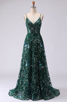 Load image into Gallery viewer, Sparkly Dark Green Spaghetti Straps A Line Floral Long Beaded Prom Dress